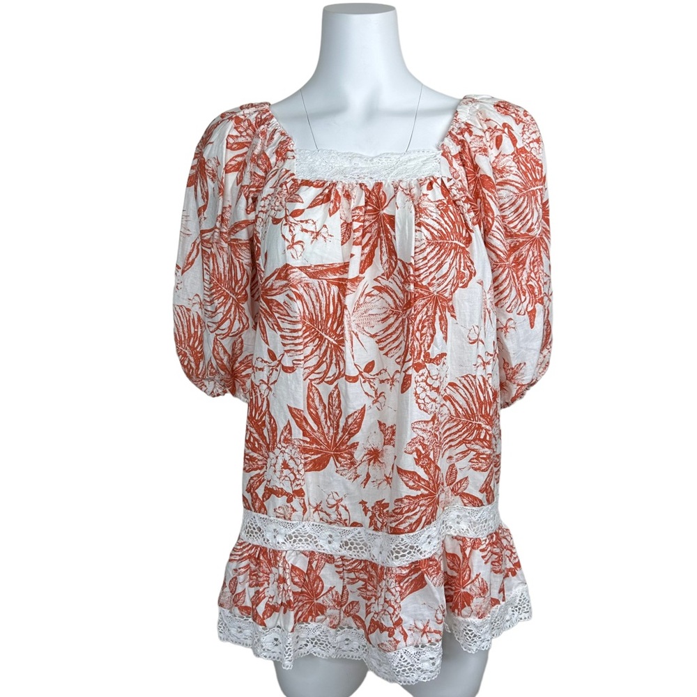 Artelier Nicole Miller Linen Tropical Lace Square Neck Blouse Tunic Top S